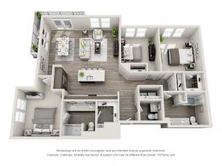 The Zulu 3D floorplan with 3 bedrooms, powder room, 2 baths one with standalone shower. Kitchen with Island open to dining and living area.