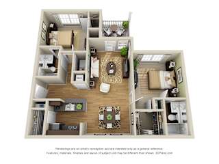 3D windsor 2 bedroom floorplan with galley kitchen and peninsula bartop open to dining and living room. Pantry. 2 full baths. large closets. in-unit laundry. patio/balcony.