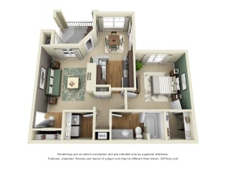 Meadows 3D. 1 bedroom apartment. Kitchen with bartop open to living/dinning rooms. 1 full bathroom. Walk-in closet. Patio/balcony. Optional fireplace.