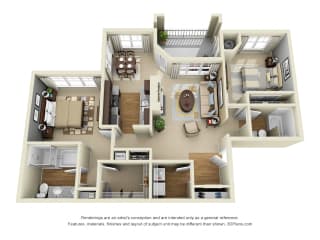 Pinehurst 3D. 2 bedroom apartment. Kitchen with bartop open to living/dinning rooms. 2 full bathrooms, shower stall in master. Walk-in closet in master. Patio/balcony. Optional fireplace.