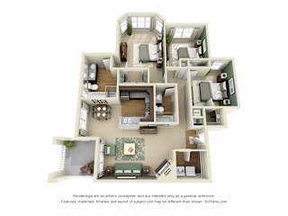 Augusta 3D. 3 bedroom apartment. Kitchen with bartop open to living/dinning rooms. 2 full bathrooms, shower stall in master. Walk-in closet in master. Patio/balcony. Optional fireplace.