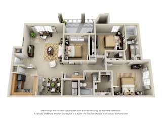 Roanoke 3D. 3 bedrooms. Kitchen with bartop open to living/dinning rooms. 2 full bathrooms, double vanity in master. Walk-in closets. Patio/balcony with storage. Optional fireplace.
