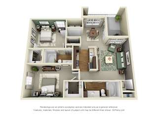 Birmingham 3D. 2 bedroom apartment. Kitchen with bartop open to living/dinning rooms. 2 full bathroom, double vanity in guest. Walk-in closet. Patio/balcony.