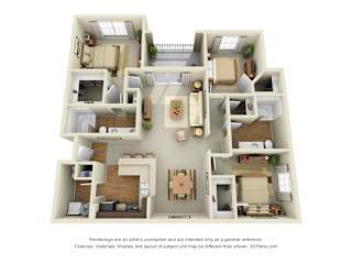 Camden 3D. 3 bedroom apartment. Kitchen with bartop open to living/dinning rooms. 2 full bathroom, double vanities. Walk-in closets. Patio/balcony.