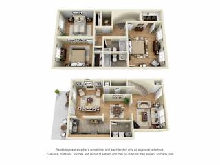 Maison De Ville 3D. 3 bedroom townhome. Kitchen, living, and dinning rooms. 2 full bathrooms + powder room. Patio/balcony.