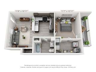 Artists 3D rendering of the 1 bedroom, 1 bathroom main level unit layout.