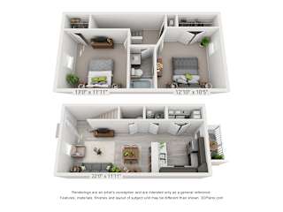 Artists 3D rendering of the 2 bedroom, 1 and a half bathroom unit layout.