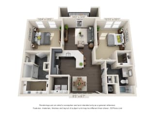 The Burl Ray 3D. 2 bedroom apartment. Kitchen with bartop open to living room. 2 full bathroom, double vanity &amp; shower stall in master. Walk-in closets. Patio.