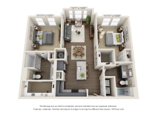 The Legacy 3D. 2 bedroom apartment. Kitchen with island open to living room. 2 full bathroom, double vanity &amp; shower stall in master. Walk-in closets.
