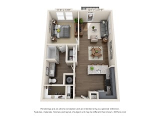 The Matlock 3D. 1 bedroom apartment. Kitchen with bartop open to living room. 1 full bathroom. Walk-in closet. Patio/balcony.