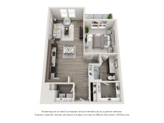 The Foxtrot 3D The Foxtrot 3D Floorplan with 1 Bedroom, 1Bath. Kitchen with L shaped Countertops open to Living Room Area.