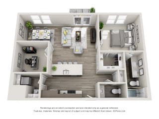 The Juliet 3D floorplan with 1 Bedroom, 1 Bath, 1 Powder Room, and Den. Kitchen with peninsula Island. Open to Living and Dining room areas.