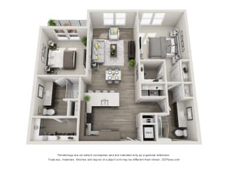 The Lima 3D Floorplan with 2 Bedrooms, 2 Baths one with standalone shower. Kitchen with Island peninsula open to dining and living area.