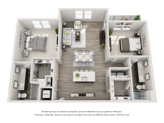 The Quebec 3D Floorplan with 2 Bedrooms, 2 Baths one with standalone shower. Kitchen with island open to Living area