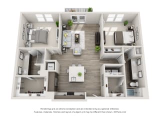 The Sierra 3D with 2 Bedrooms, 2 Baths one with standalone shower. Kitchen with island open to Living area