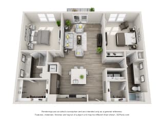 The Victor 3D The Victor 3D floorplan with 2 bedrooms, 2 baths one with standalone shower. Kitchen with island open to Living area.