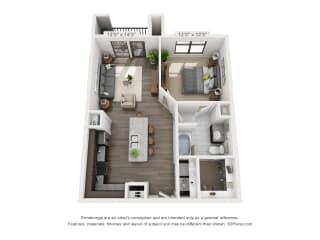 One Bedroom, 1 Bath  3D Holly floor plan. Lshaped kitchen with island sink and pantry, Linen closet, walk-in closet, patio/balcony, storage,