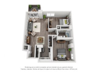 3D Riverside 2 Bedroom floorplan apartment with entry closet, kitchen, dining-living area, closets in each bedroom and 1 shared bathroom with linen closet. Balcony