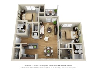 3D windsor 2 bedroom floorplan with galley kitchen and peninsula bartop open to dining and living room. Pantry. 2 full baths. large closets. in-unit laundry. patio/balcony.