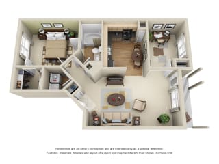 Grayson &#x2B; Den 3D. 1 bedroom apartment. Den room. Large kitchen. 1 full bathroom. Walk-in closet. Patio/balcony.