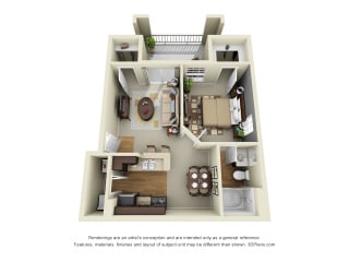 Abbington 3D. 1 bedroom apartment. Kitchen with bartop open to living/dinning rooms. 1 full bathroom. Walk-in closet. Patio/balcony.