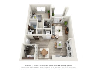 Allen 3D Allen 3D. 1 bedroom apartment. Kitchen with island open to living/dinning rooms. 1 full bathroom. Walk-in closet. Patio/balcony.