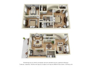 Maison De Ville 3D. 3 bedroom townhome. Kitchen, living, and dinning rooms. 2 full bathrooms &#x2B; powder room. Patio/balcony.