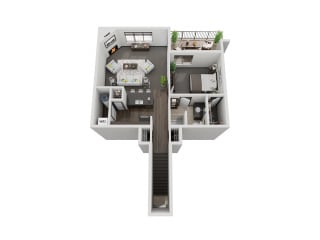 Glacier one bedroom 3D floor plan at The Villas at Mahoney Park - second floor