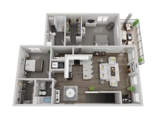 Olympic two bedroom 3D floor plan at The Villas at Mahoney Park - second floor