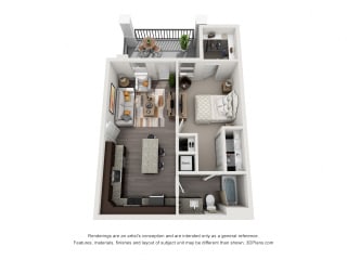 The Miller 3D. 1 bedroom apartment. Kitchen with island open to living room. 1 full bathroom. Walk-in closet. Patio/balcony.