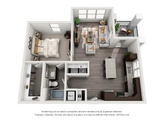 The Vera 3D. 1 bedroom apartment. Kitchen with island open to living room. 1 full bathroom. Walk-in closet. Patio/balcony.