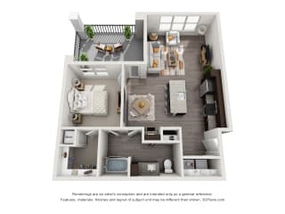 The Tyler 3D. 1 bedroom apartment. Kitchen with island open to living/dinning rooms. 1 full bathroom. Walk-in closet. Patio/balcony.