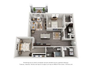 The Lockhart 3D. 2 bedroom apartment. Kitchen with island open to living/dinning rooms. 2 full bathrooms. Walk-in closet in master. Patio/balcony.