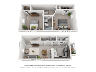 Artists 3D rendering of the 2 bedroom, 1 and a half bathroom unit layout.
