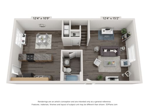 1 bedroom floor plan at Rivers Landing Apartments, PRG Real Estate, Hampton, Virginia