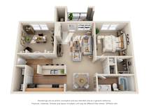 3D floorplan with two bedrooms and balcony at The Canyons Apartments, Fort Worth, Texas