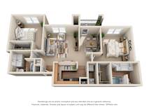 3D floorplan with three bedrooms and outdoor terrace at The Canyons Apartments, Fort Worth