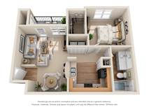 3D floorplan with one bedroom and balcony at The Canyons Apartments, Texas