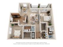 3D floorplan with two bedrooms and two bathrooms at The Canyons Apartments, Fort Worth, TX 76116
