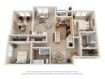 Two bedroom two bath 3D floorplan overview at The Canyons Apartments, Fort Worth, TX