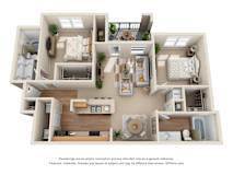 Two bedroom two bath 3D floorplan with balcony at The Canyons Apartments, Fort Worth, Texas