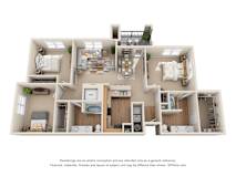 3D floorplan with three bedrooms and two balconies at The Canyons Apartments, Texas