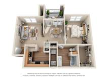 One bedroom apartment 3D floorplan with balcony at The Canyons Apartments, Texas, 76116