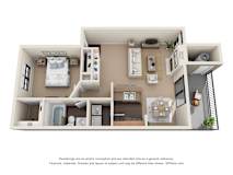 3D floor plan with one bedroom and covered balcony at Waters Edge Homes Apartments, Georgetown, Texas
