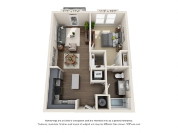 The Newt 3D. 1 bedroom apartment. Kitchen with island open to living room. 1 full bathroom. Walk-in closet. Patio/balcony.