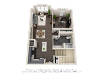 The Pleasant Ridge First Floor 3D. Living room, Kitchen, Study, bathroom. Stairs to loft.