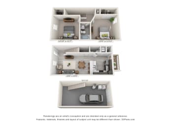Artists 3D rendering of the 2 bedroom, 1 and a half bathroom with garage unit layout.