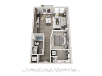 The Alpha 3D Floorplan with 1 Bedroom, 1 Bath and Open Kitchen and Living Room Concept