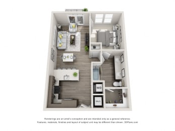 The Delta 3D floorplan with 1 Bedroom, 1 Bath. Kitchen with Pantry and peninsula Island and Bar Area. Open to Dining and Living room area.