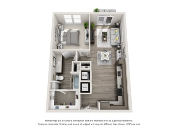 The Echo 3D with 1 bedroom, 1 bath. Kitchen with L shaped countertops open to Living room area